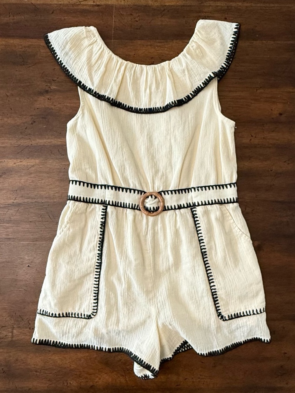 Janie and Jack Cream Romper with Black Trim and Belt Size 10 EUC